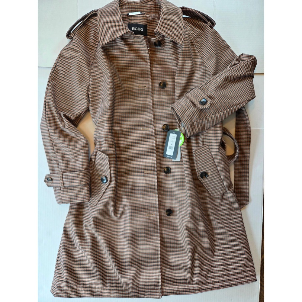 BCBG Houndstooth Trench Coat Brown Tan Water Resistant Belted Jacket Womens L